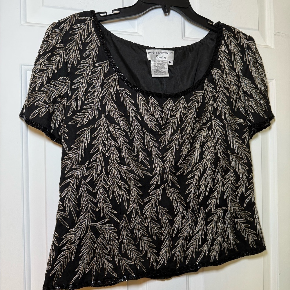 Papell Boutique Evening LARGE 100% Silk Black Beaded & Embroidered Blouse Formal